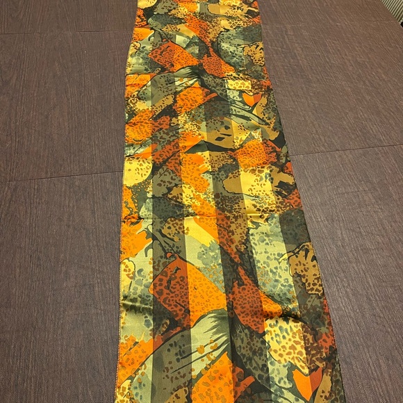Orange Scarf 13x58 long Orange, Green, Yellow believe to be polyester preowned - Picture 4 of 6